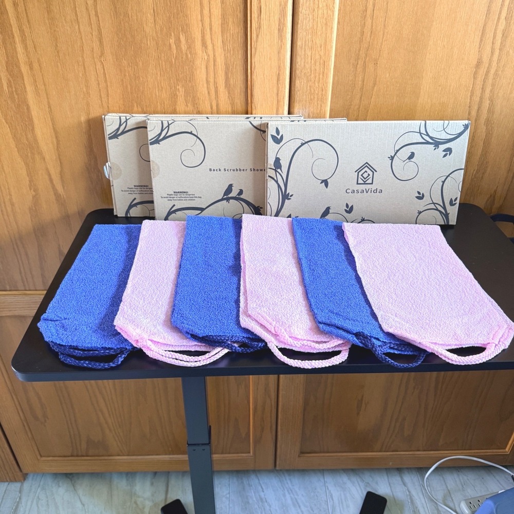 CasaVida Exfoliating Back Scrubber Towel Set Blue Pink Charcoal Fiber 6-Pack NEW